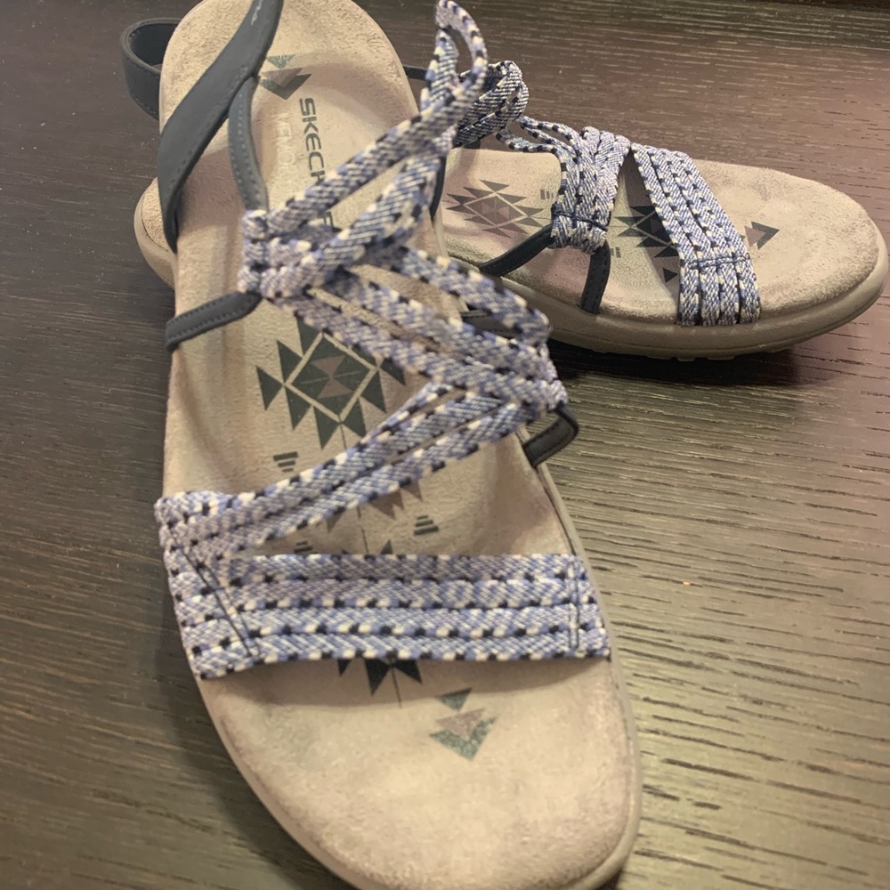 Blue Skechers slip on sandals. Memory Foam size 7.